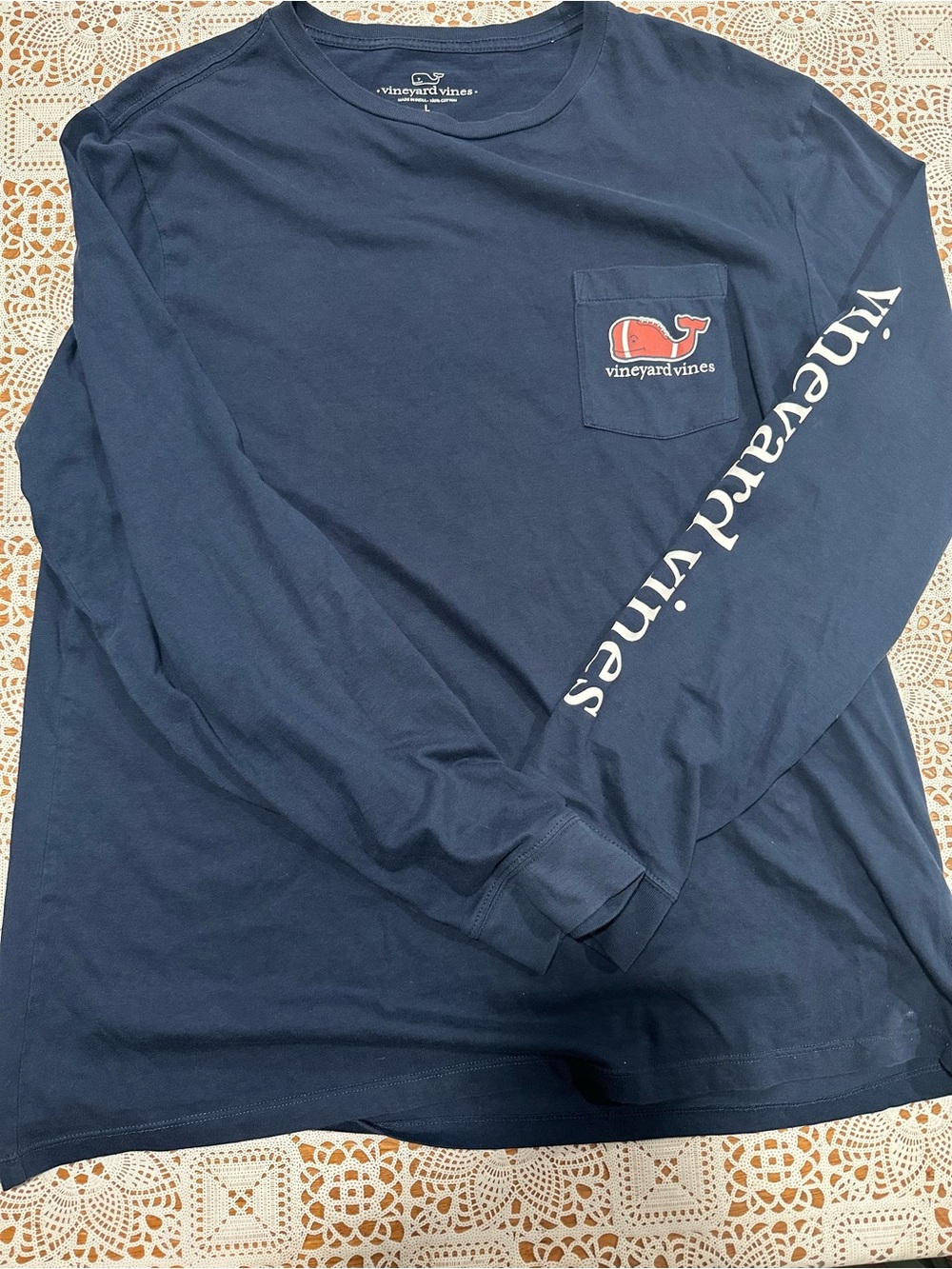 Vineyard Vines Football Whale Long Sleeve Pocket T Shirt Mens Large Navy Blue